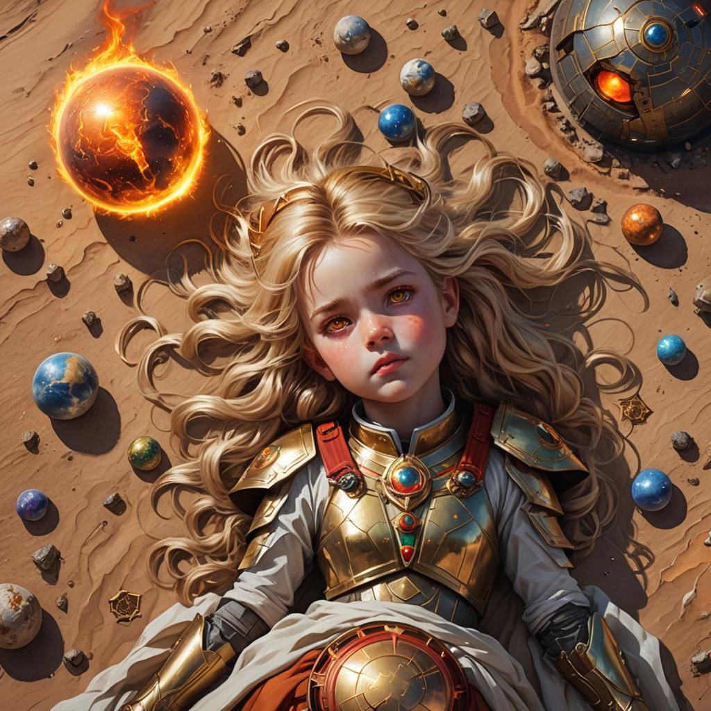 Child Commander Shepard Gazing at Fiery Orb in Space