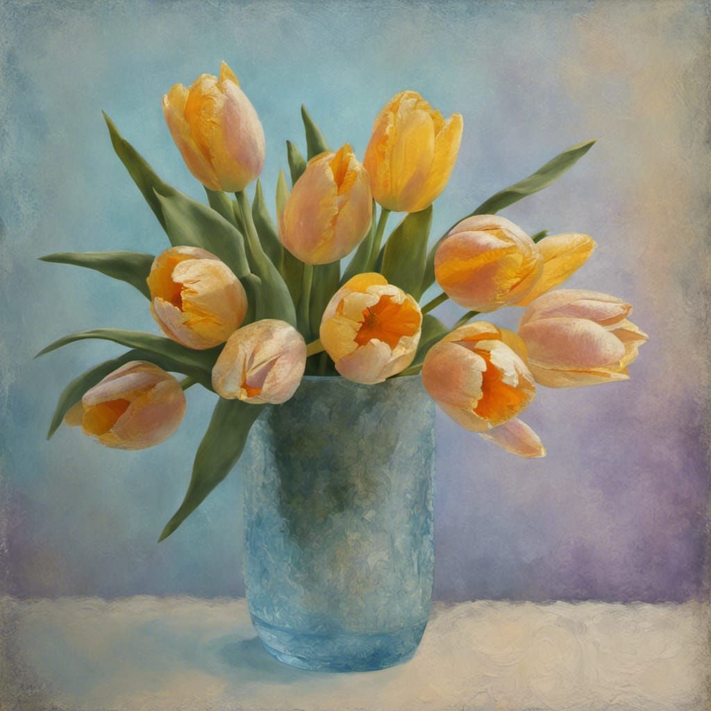 Yellow and Peach Tulip Flowers in Frosty Etched Glass Vase Half Filled with Icy Blue Water, Cloudy Lavender and Pale Yel...