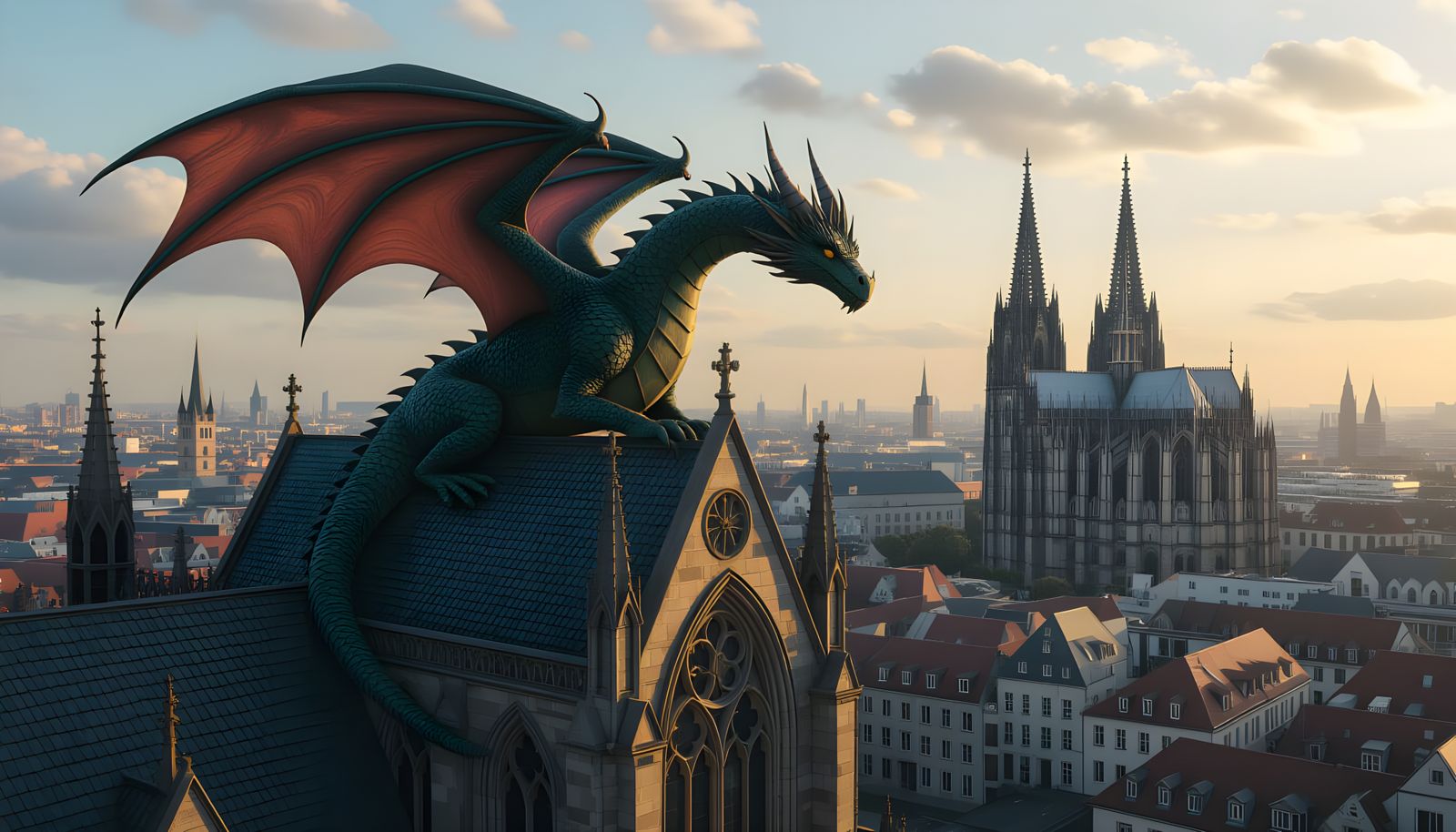 Dragon Perched on Gothic Cathedral Roof in Medieval City