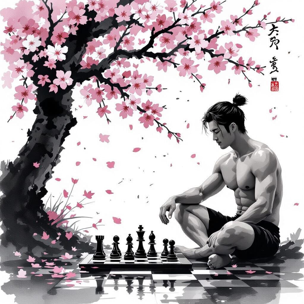 Sumi-e Chess Game Under Blooming Sakura