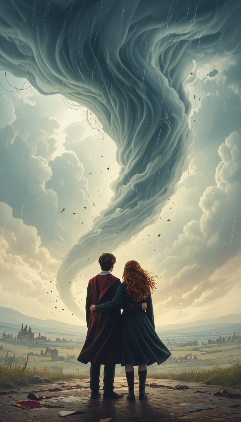 Harry Potter and Ginny Weasley Face a Tornado, Surreal Art