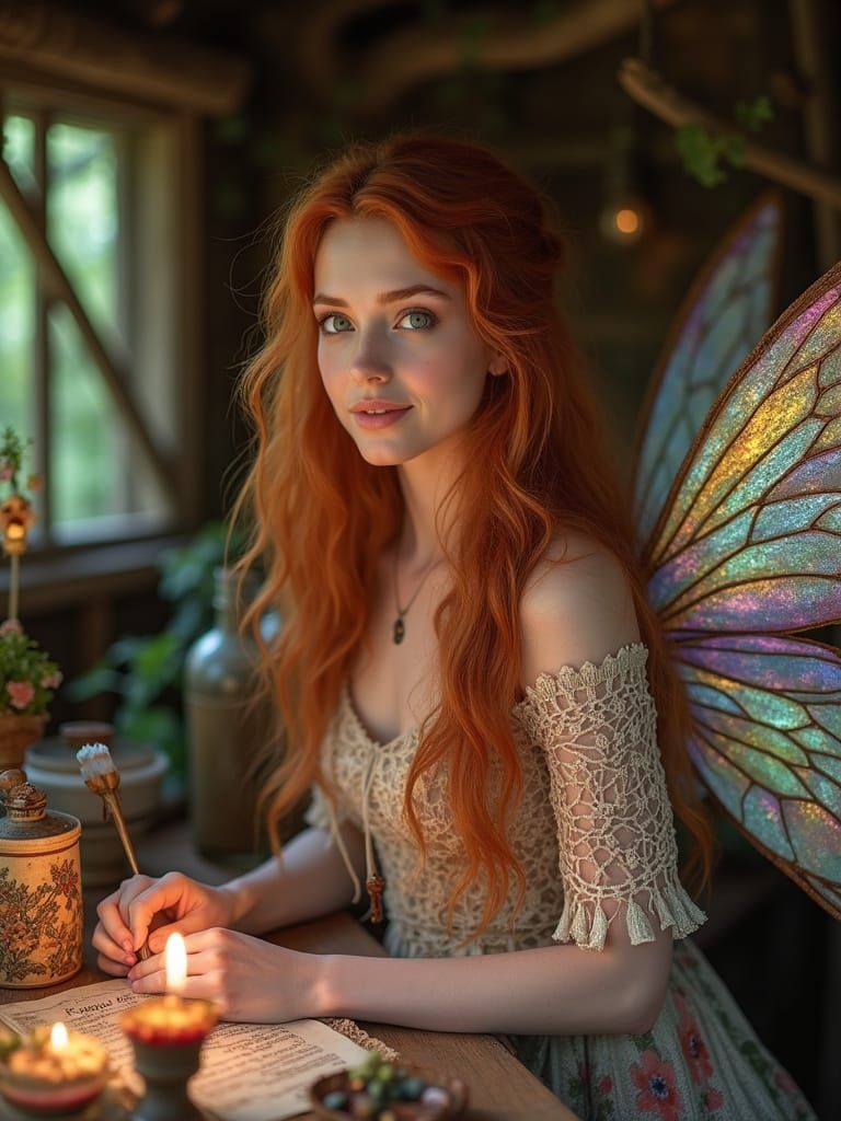 Fairy Preparing Magical Remedies in Cottage