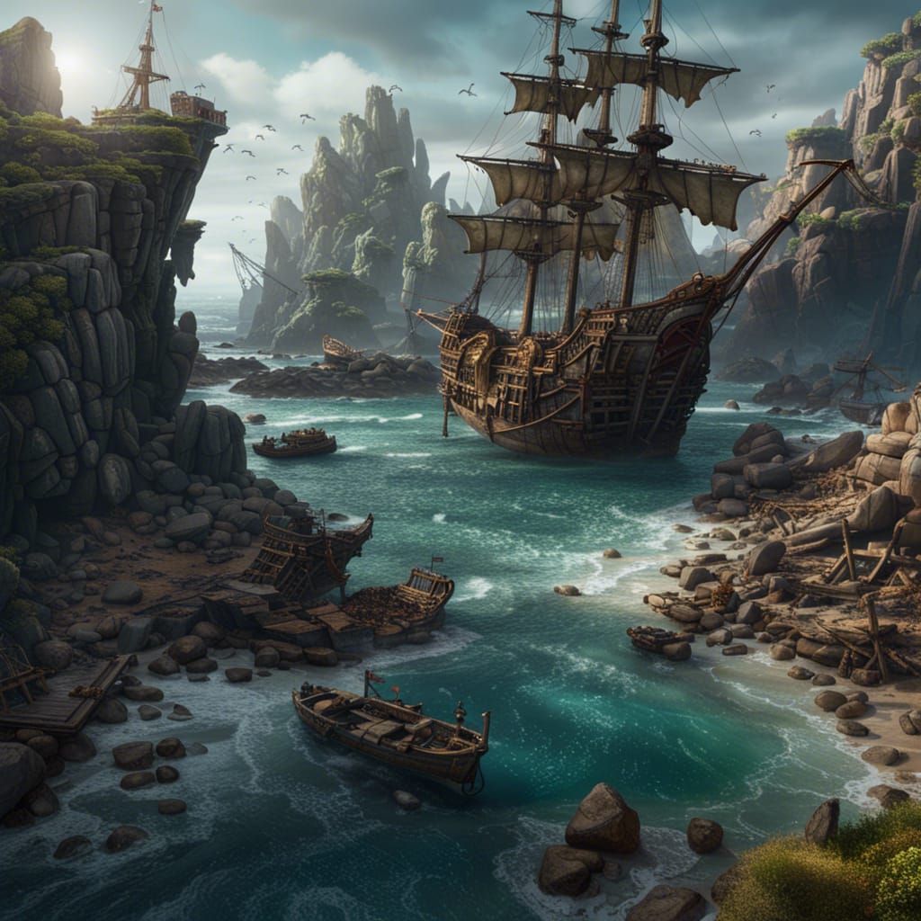 Shipwrecks on Rocky Shoreline: Fantasy Concept Art