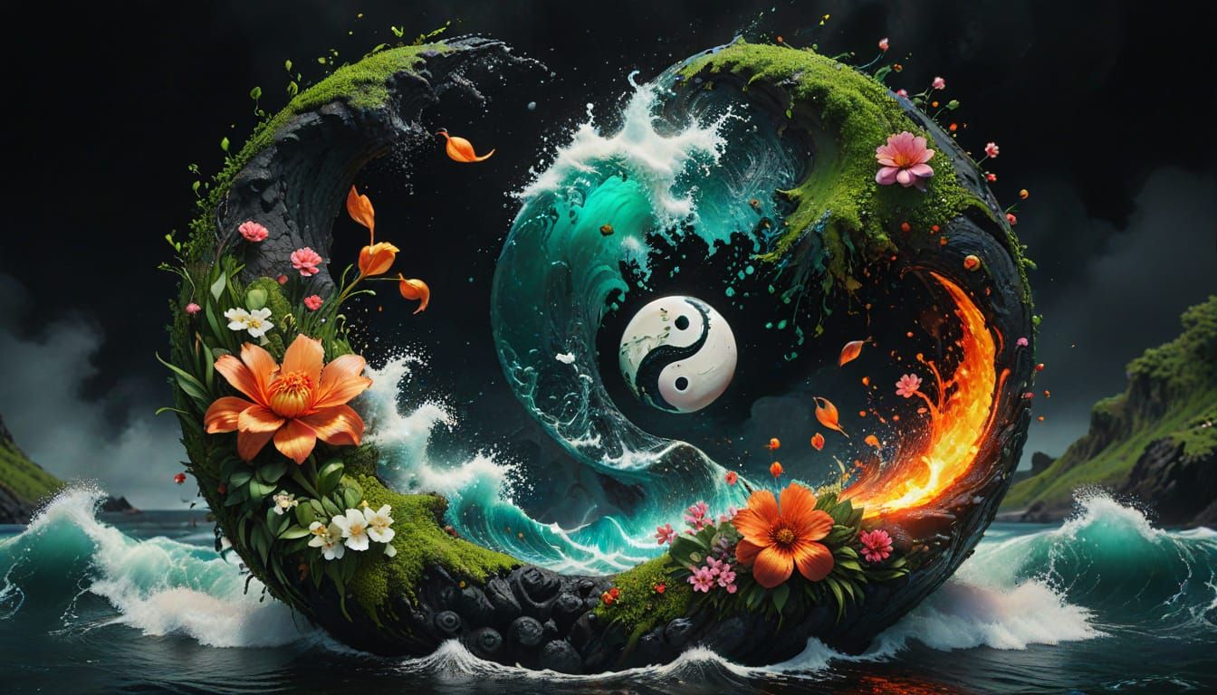 Yin-Yang Symbol with Lush Landscape and Lava Ocean