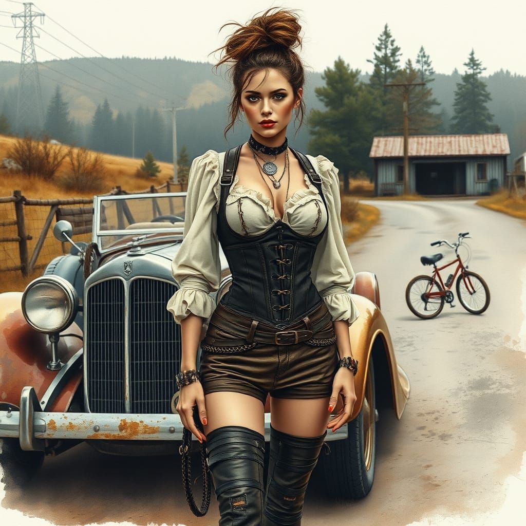 Steampunk Woman with Vintage Car on Rustic Road