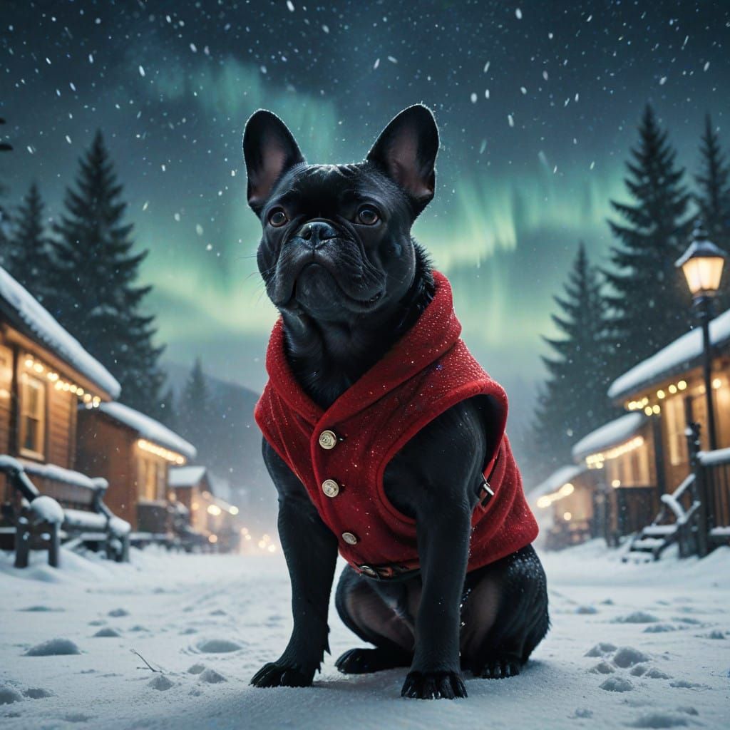 Majestic French Bulldog Commands Christmas Sleigh in Moody W...