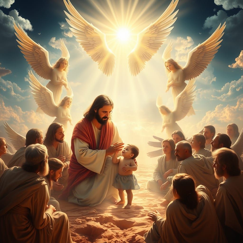 Jesus Blesses Child with Guardian Angels in Luminous Scene