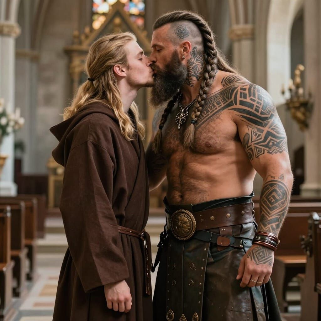 Viking Man and Monk in Love in Church