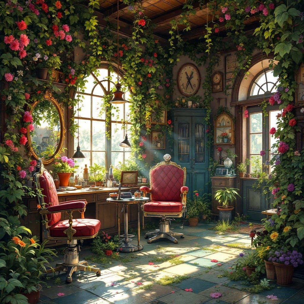Barbershop Reclaimed by Nature: Detailed Matte Painting
