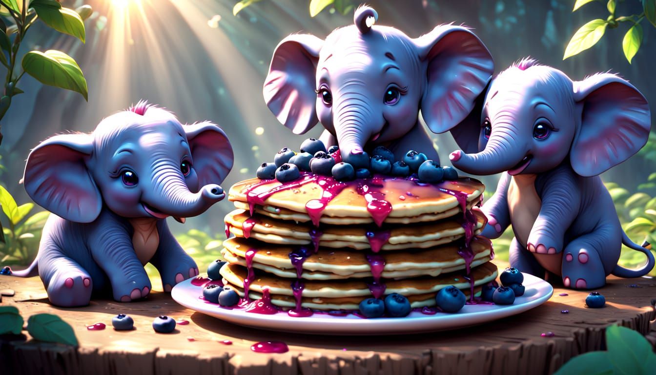 Kawaii Elephants Eat Blueberry Pancakes, Anime Style