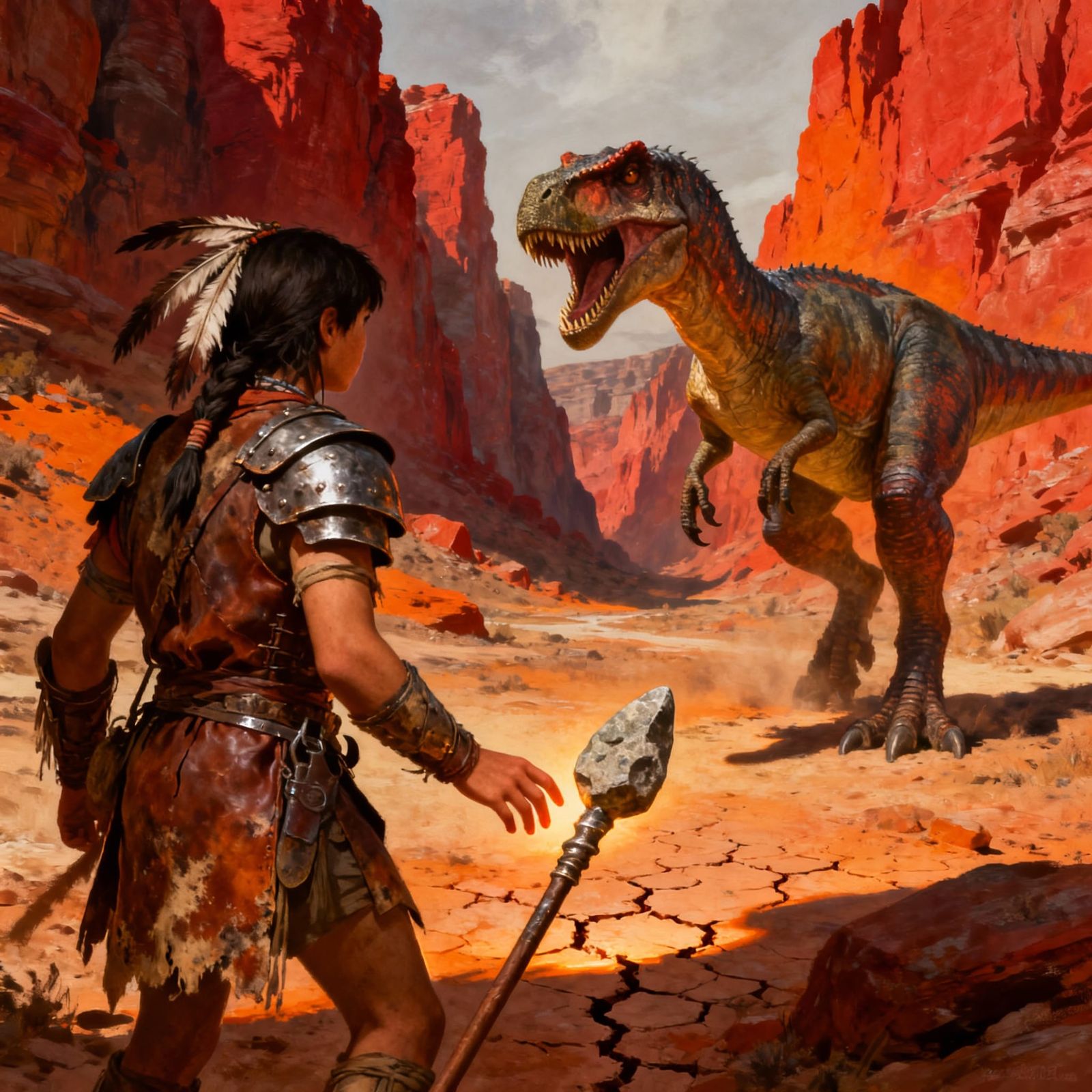 Native Warrior Confronts Velociraptor in Canyon