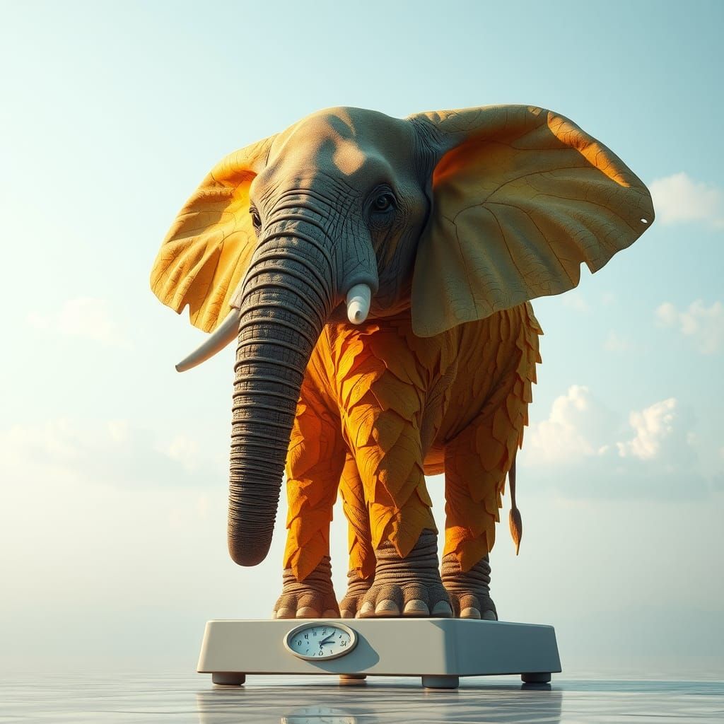 A digital, hyrealistic exposure image capturing a huge fat old elephant standing on a giant bathroom scale on a bright s...