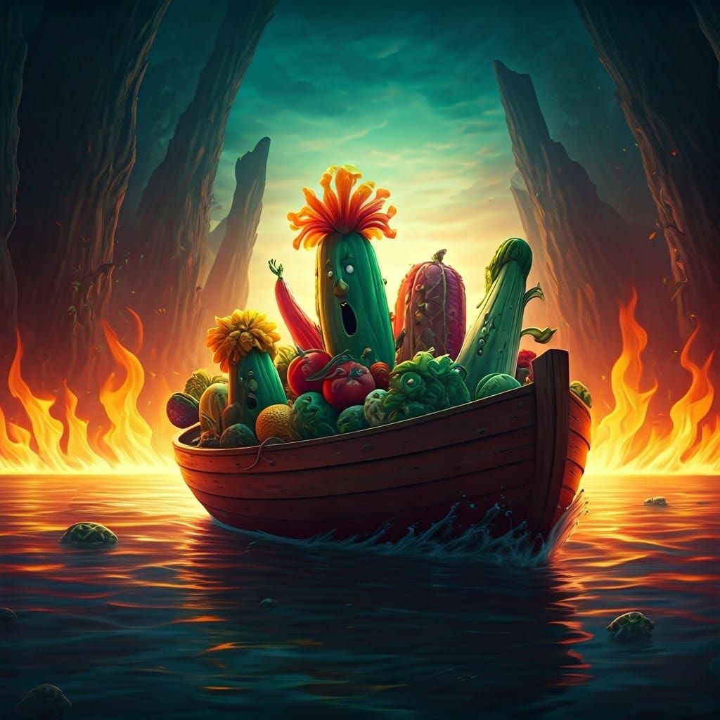 Hyperrealistic Vegetables Screaming on Flaming River Boat