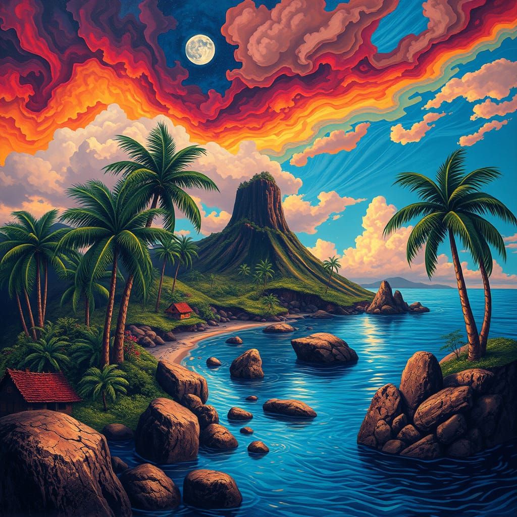 Surreal Hawaiian Island Landscape in Gothic-Cyberpunk Style