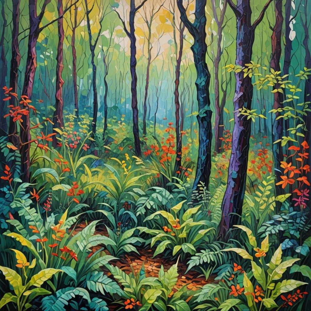 Colorful Undergrowth in Expressionist Oil Painting
