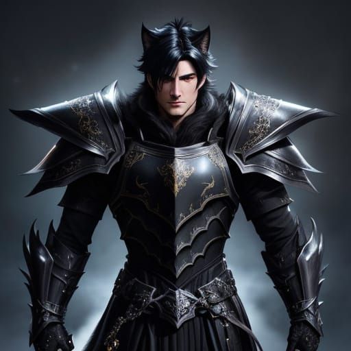 catboy knight, black hair, yellow eyes, black fur collared, black armor with blue accents