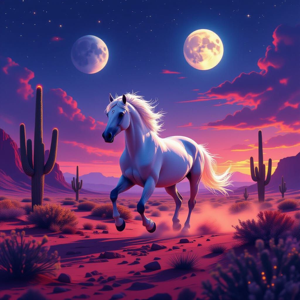White Horse Gallops Through Alien Desert Under Twin Moons