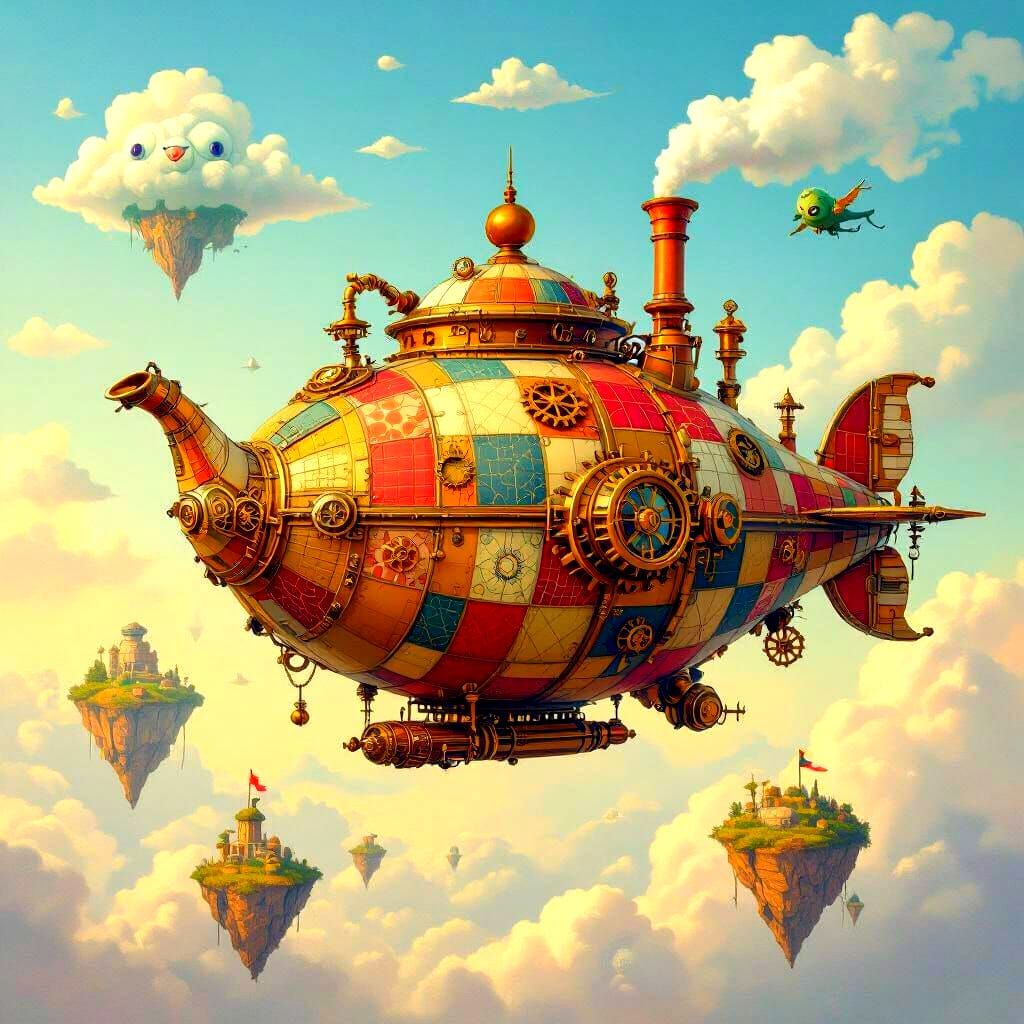 Whimsical Steampunk Airship Teapot in Painterly Style