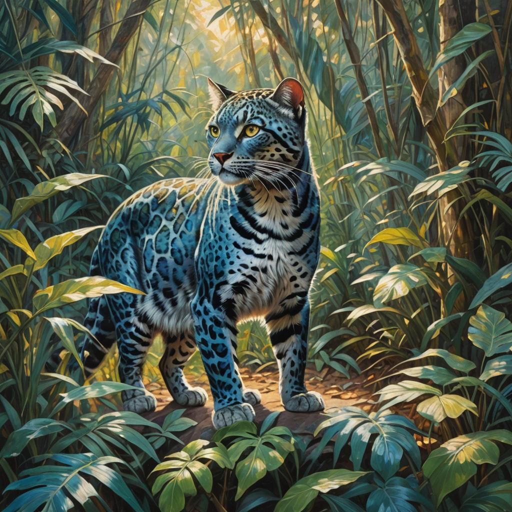 Blue Silver Leopard Cat in Impressionist Jungle