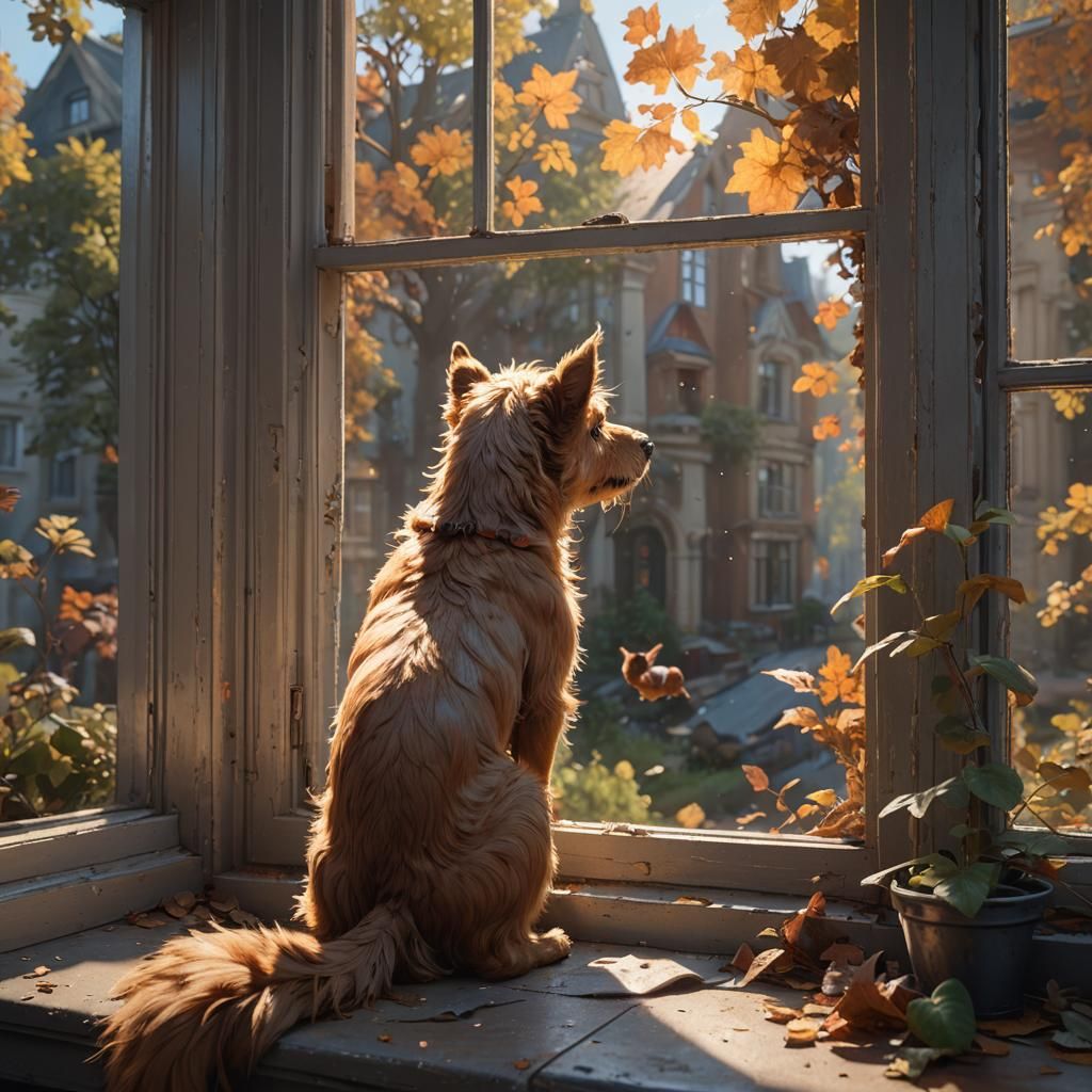Dog Watching Squirrel, Alphonse Mucha Style