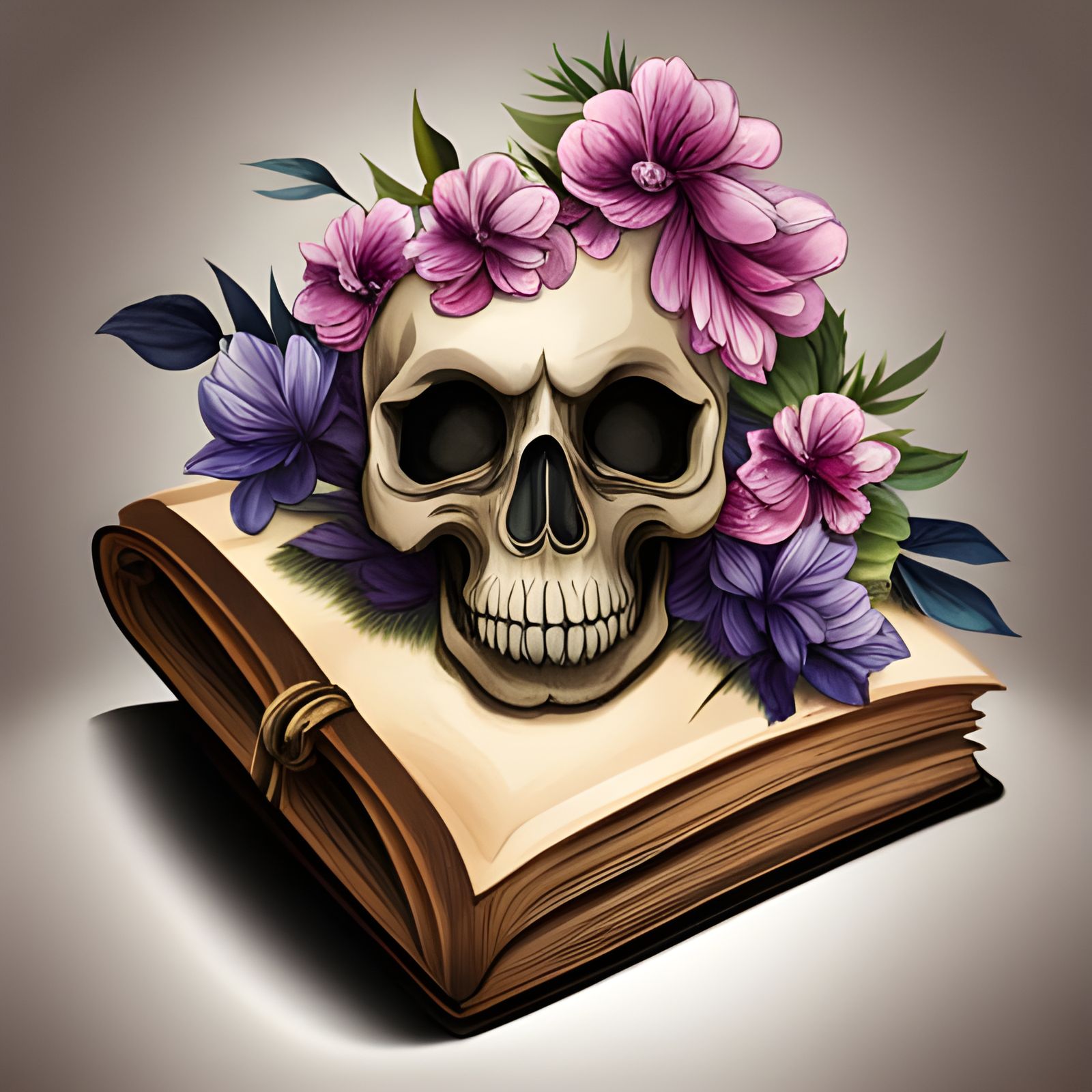 Gothic Skull and Florals Emerging from Book