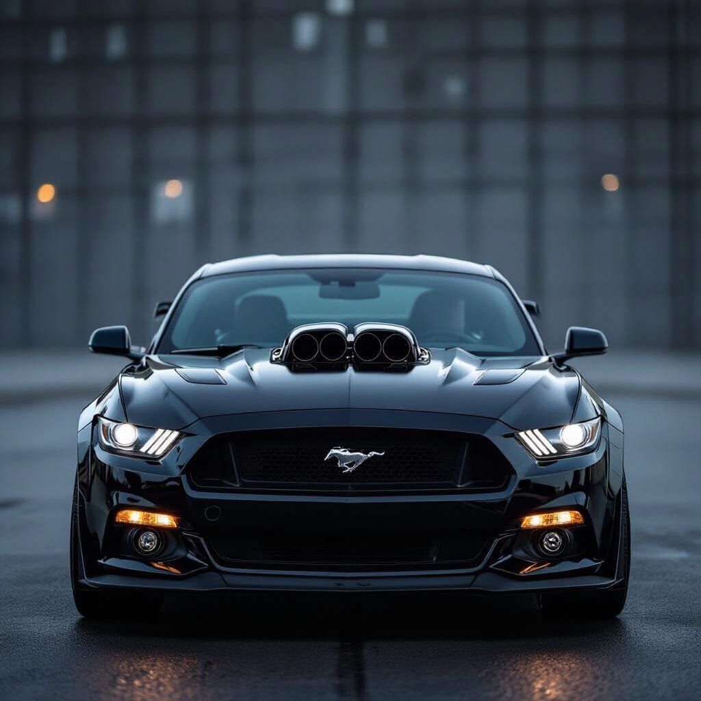 2015 Black Mustang GT with Twin Turbos Visible