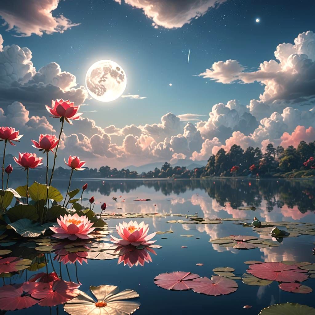 Sparkling Lotus Lake Under a Moonlit Sky