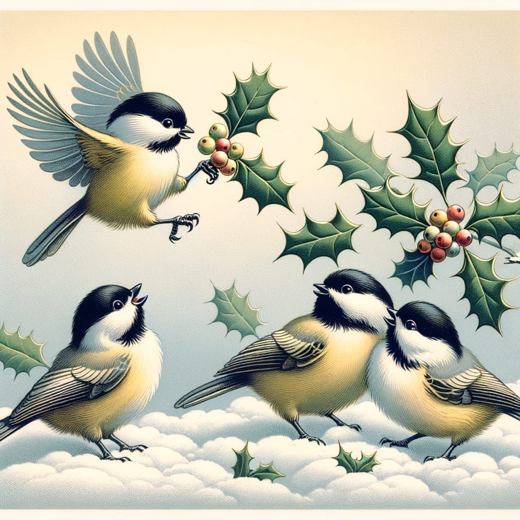 Chickadees in Snow with Holly, Vintage Woodcut Style