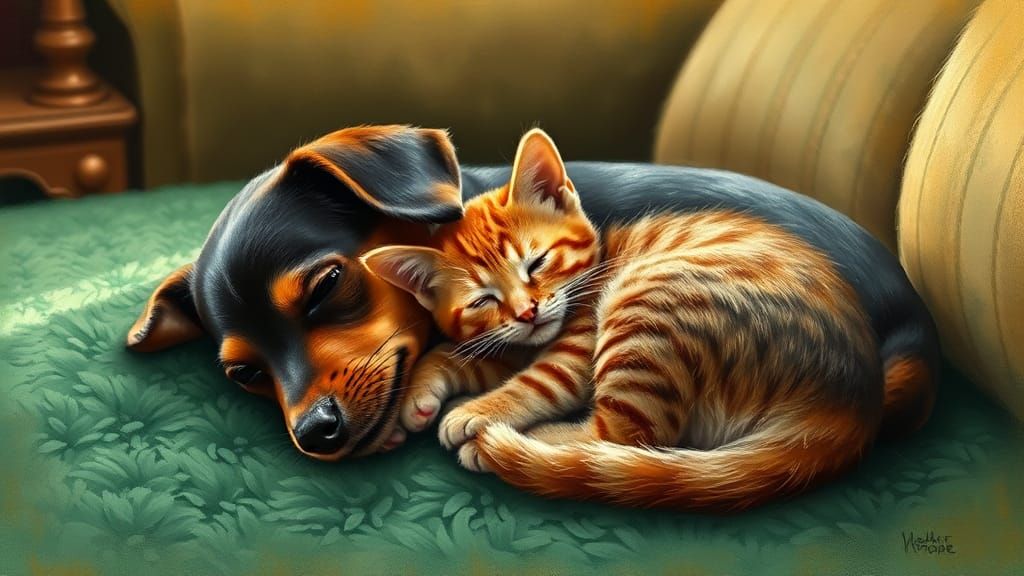 Sleeping Puppy and Kitten in Impressionistic Style