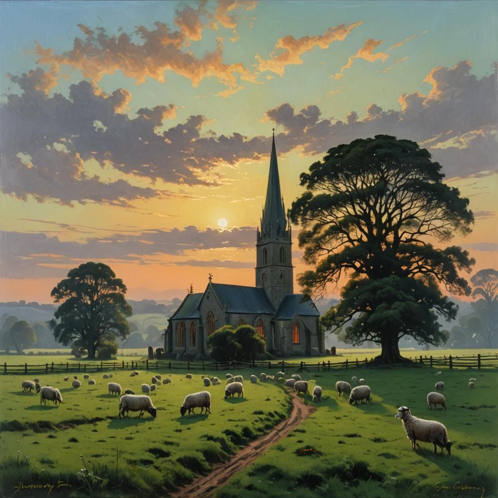 Lambs in Green Fields at Dawn: An Oil Painting