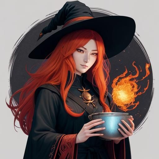 Anime Witch with Cauldron in Manga Style