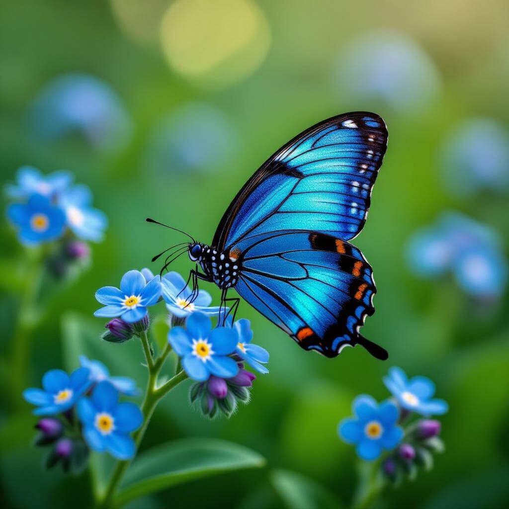 Blue Butterfly on Forget-Me-Nots, Iridescent Wings