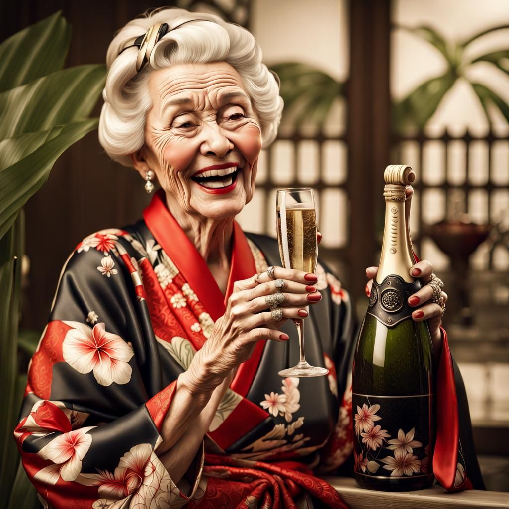 Laughing Woman in Kimono Drinks Champagne: Vintage Photo