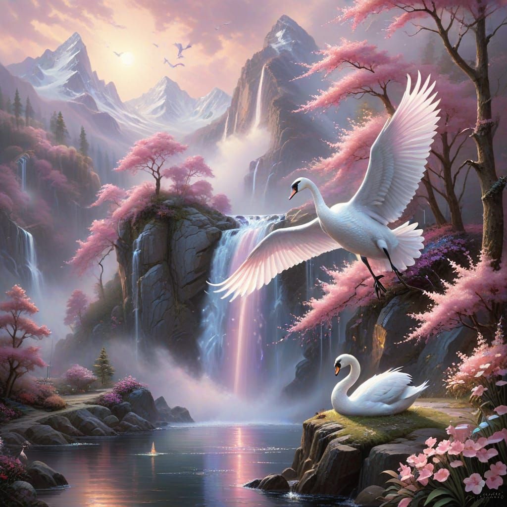 Misty Pink Waterfall & Majestic Swan in Folk Art Style