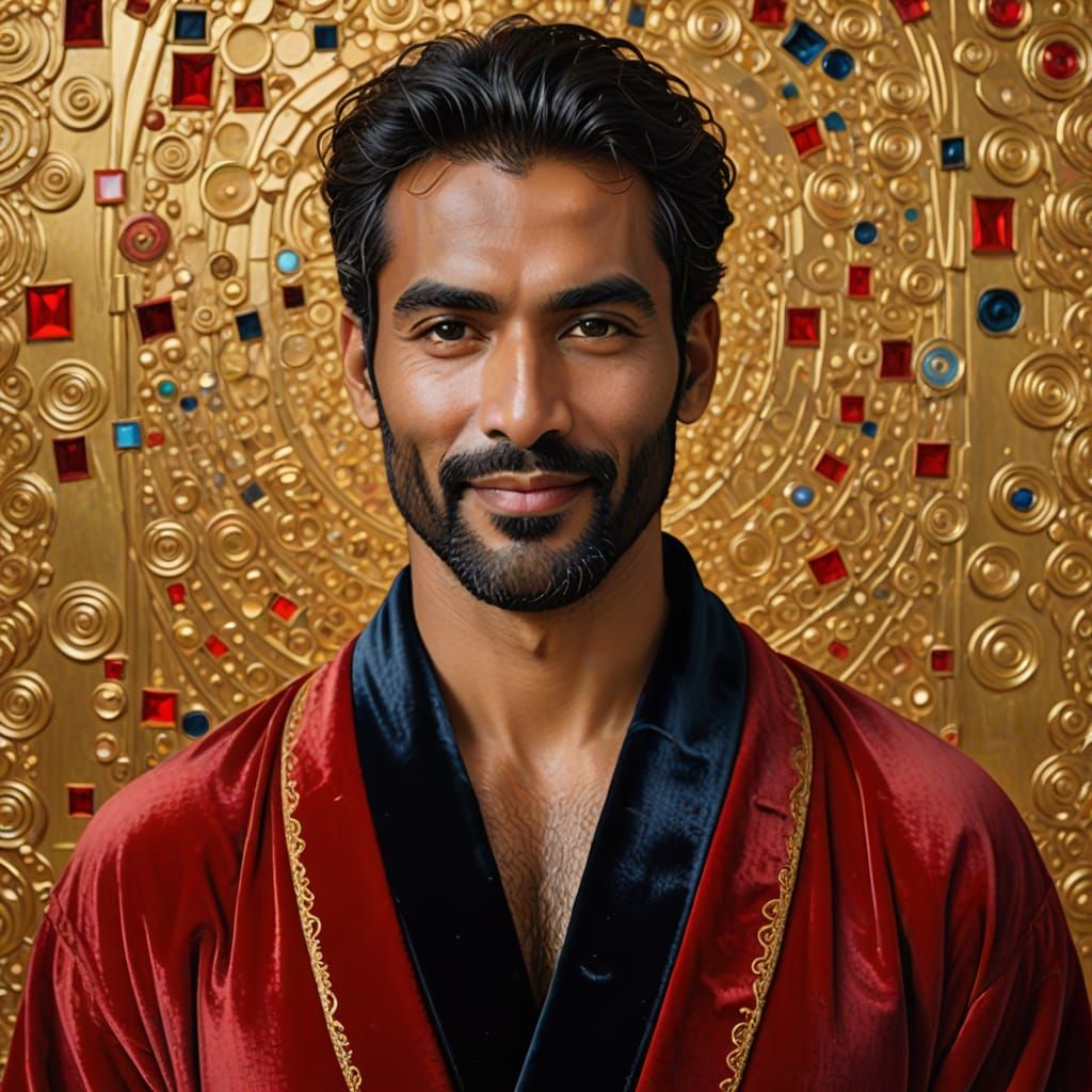 Smiling Man in Red Velvet Robe, Impasto Oil Painting