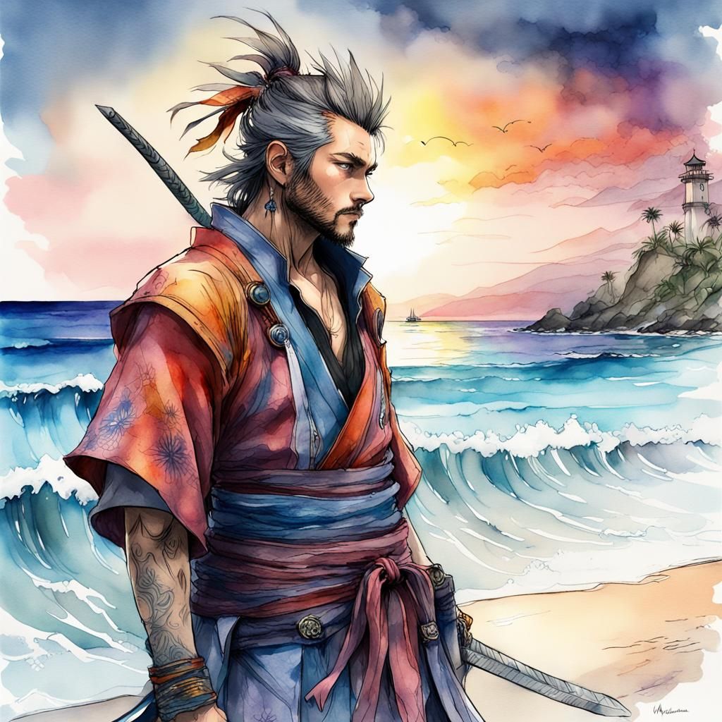Auron's Hawaiian Vacation: Digital Watercolor Masterpiece