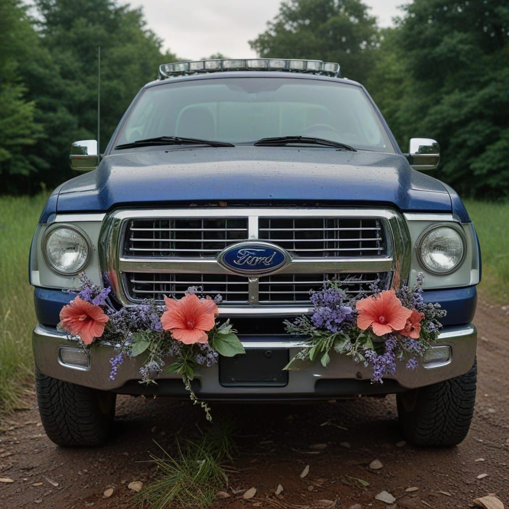 Ford F150 Grill Adorned with Vibrant Floral Wreath in Moody....