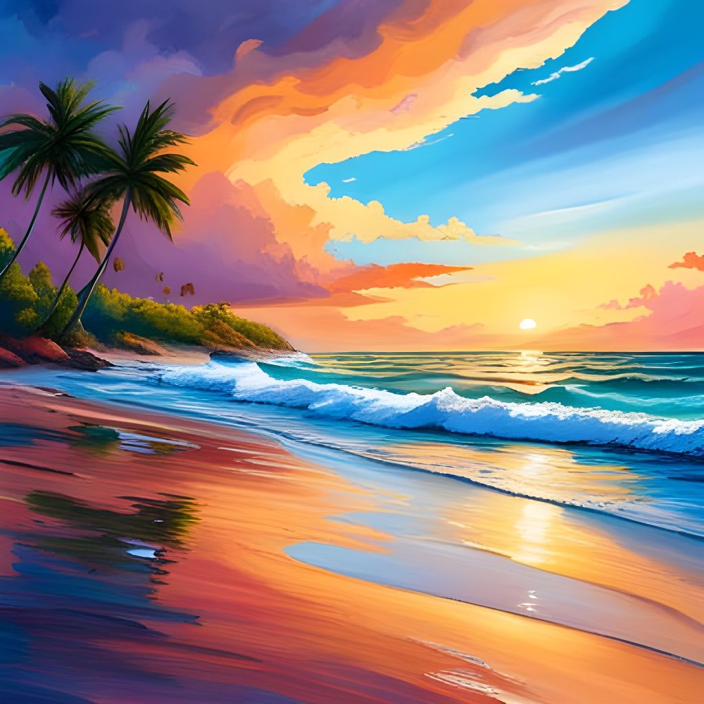 Vibrant Coastal Scene with Beachgoers and Umbrellas