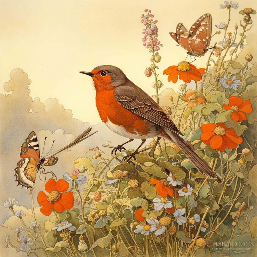 Robins with Wildflowers and Butterflies, Illustrated Realism