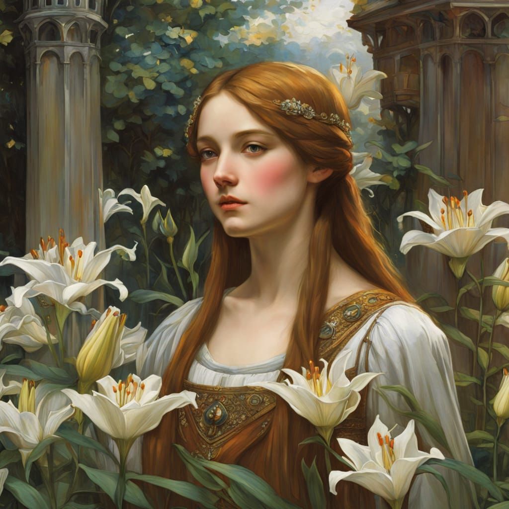 Medieval Lilies in John William Waterhouse Style