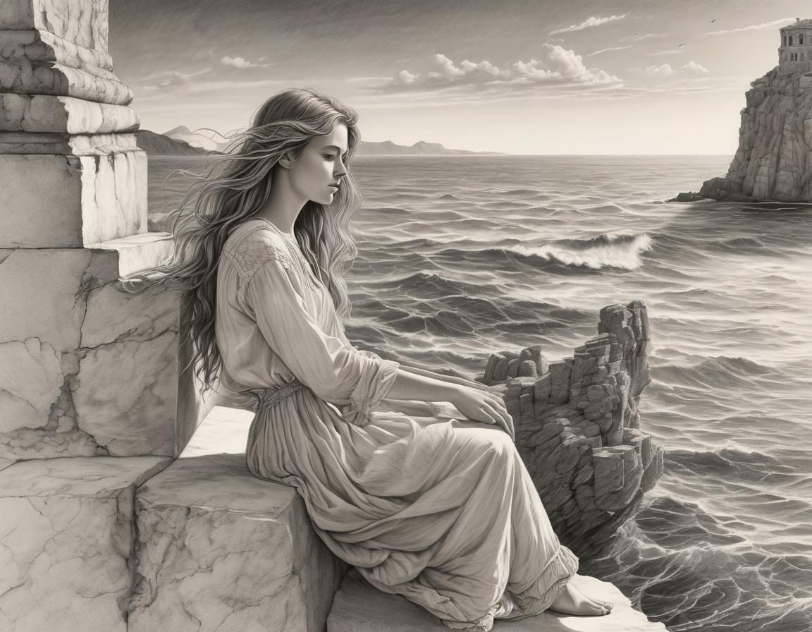 Girl on Wall: Delicate Pencil Drawing in Doré Style