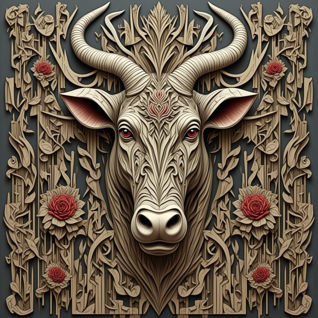 Red and White Wood Carving in Pop Art Style