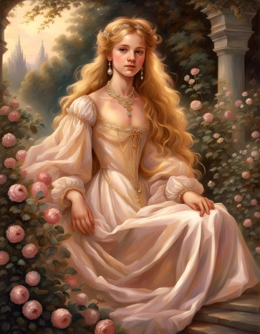 Renaissance Girl with Golden Hair in Garden