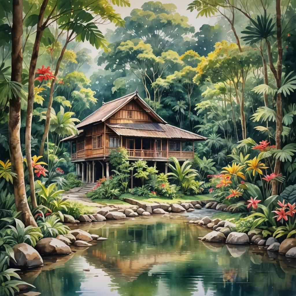 Watercolour painting rumah kayu tradisional Melayu di tepi sungai yang tenang, dikelilingi oleh keindahan pokok tropika,...