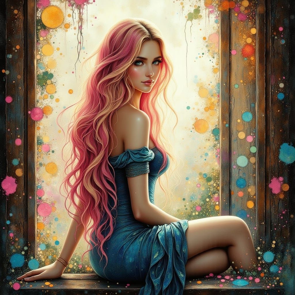 Beautiful Woman with Long Blonde-Pink Hair in Corset Dress