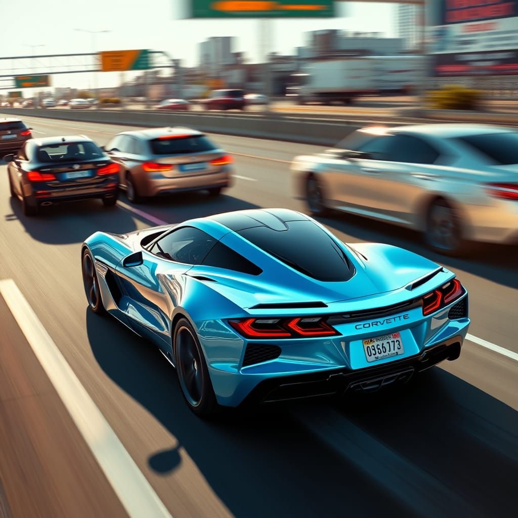 Light Blue Corvette Zo6 Speeding on Highway in Traffic