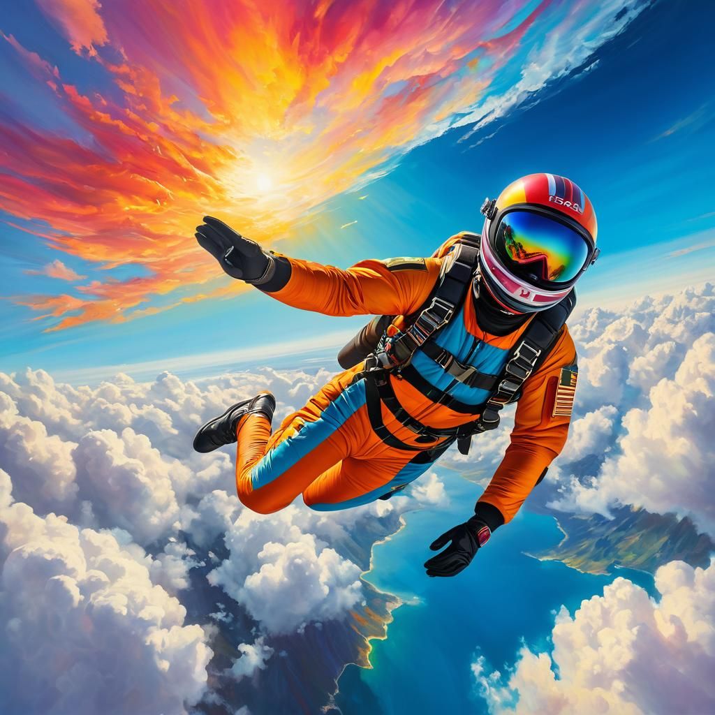 Skydiver Soaring Through Clouds in Mixed Media
