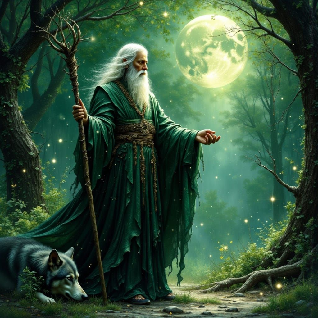Celtic Druid in Enchanted Forest Under Moonlight