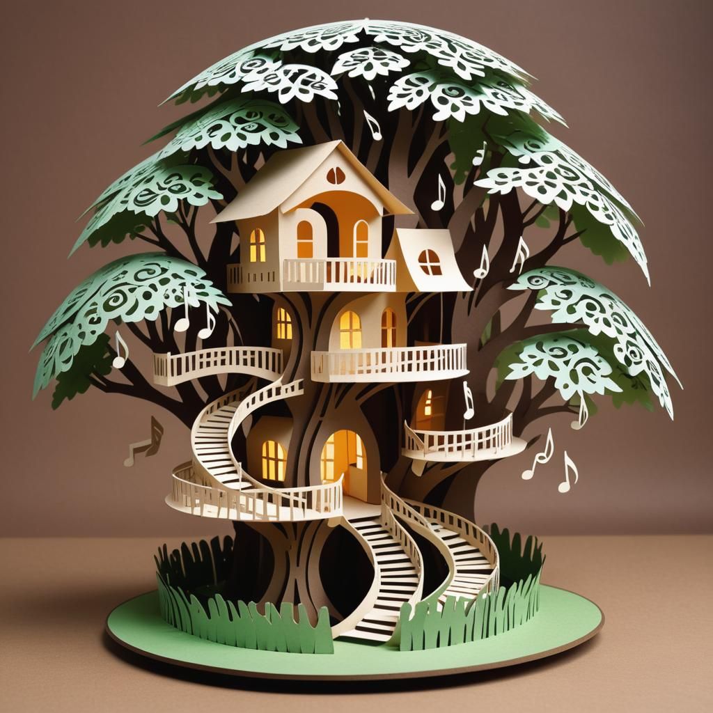 Magical Kirigami Treehouse Shaped as Music Notes