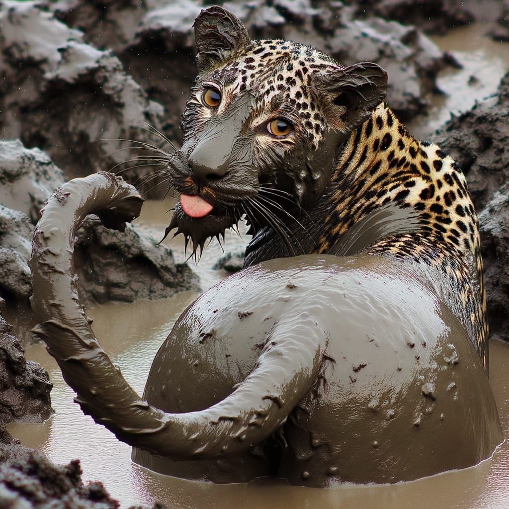 Muddy Leopard Sinks Deep, Playfully Winks